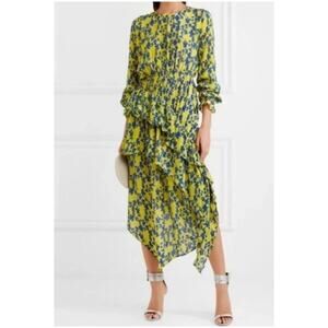 Preen Line Womens Eden Asymmetric Midi Dress Small Green Floral Crepe Feminine